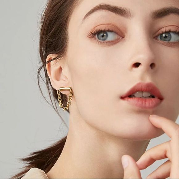 GOLD & SILVER PLATED STAINLESS STEEL GEOMETRIC CHAIN DANGLE DROP INDUSTRIAL EAR - Picture 2 of 14